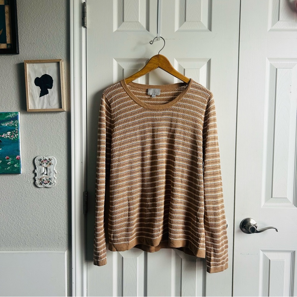 Pure Collection white & tan striped open knit top